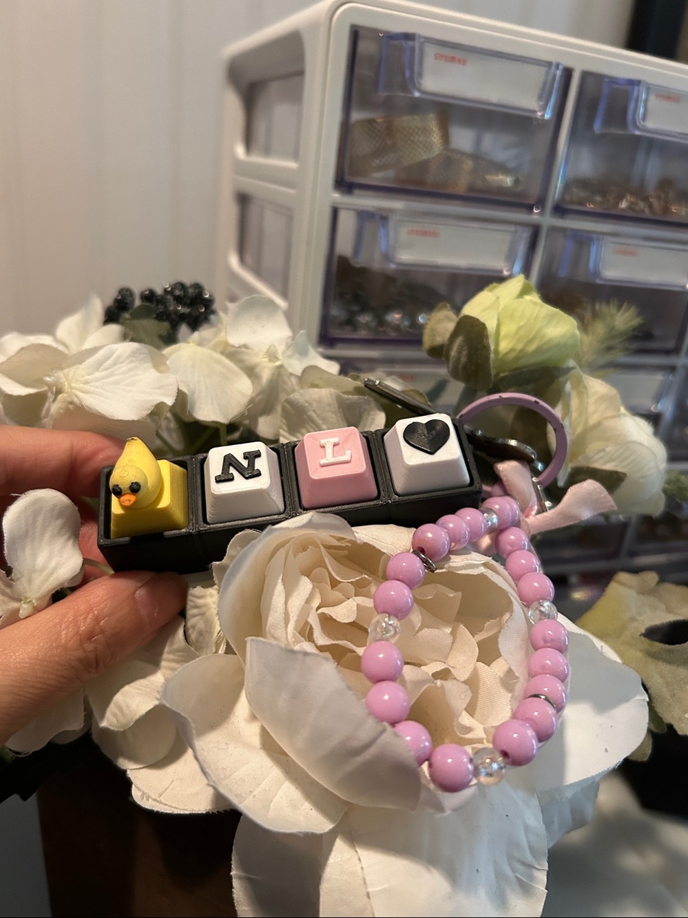 Cute Pink Beaded Keychain with Yellow Duck Charm